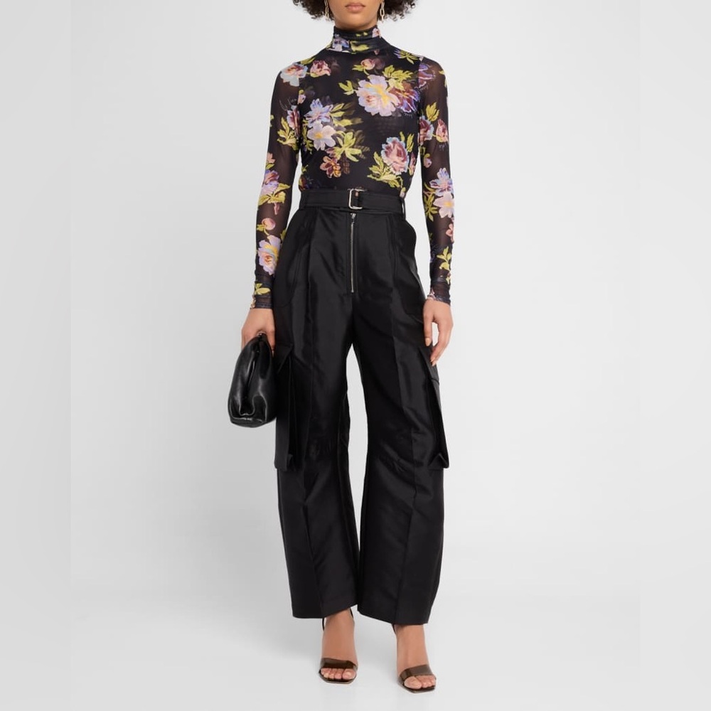Cinq a sept Bridgette shirred mesh floral turtleneck top sz lg - Picture 3 of 15